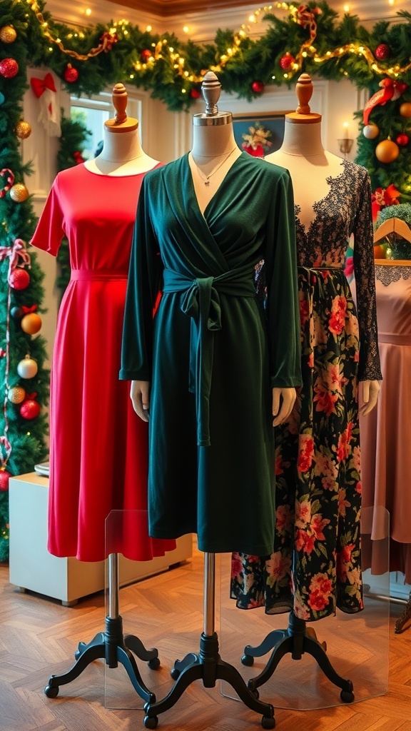 A variety of fashionable Christmas party dresses in a festive display.